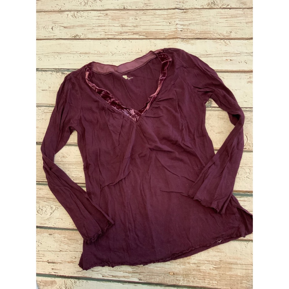 Vintage Gap Y2K Velvet Trim V-Neck Long Sleeve Top Purple Lettuce Edge Large